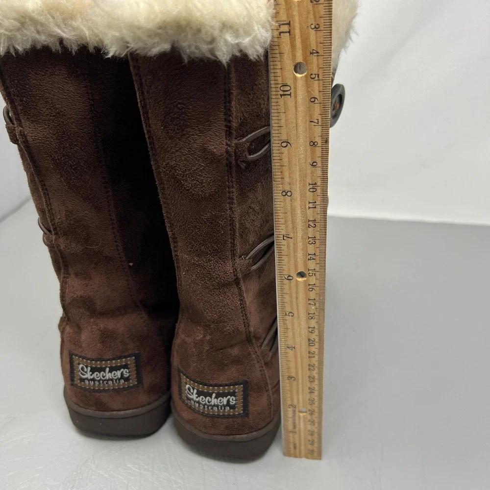 Skechers‎ Australia Womens Suede Faux Fur Boots 9.5 Button Mid Calf Cozy Comfort